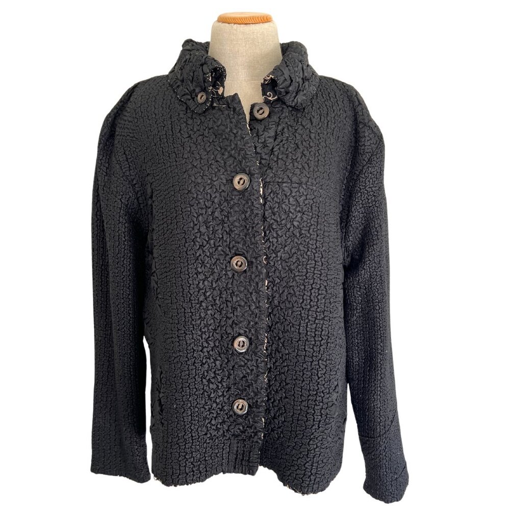 Coldwater Creek Jacket‎ Womens Large Black Floral Reversible Collared Button Up